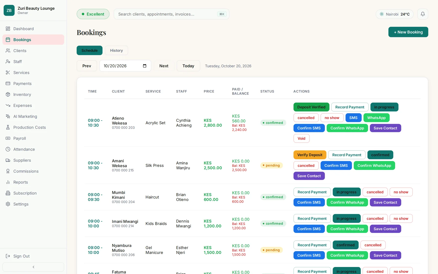 RemboFlow daily schedule listing appointments with deposit status and message buttons