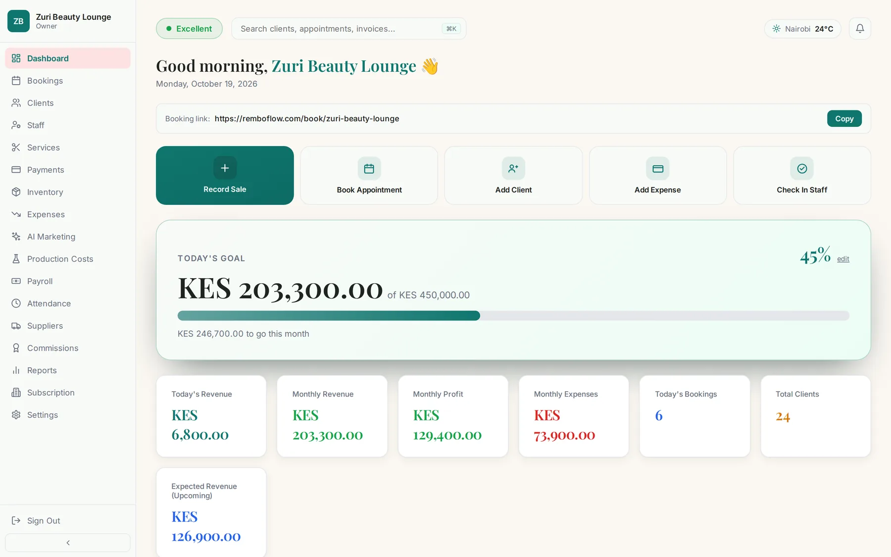 RemboFlow salon dashboard showing today's bookings, revenue and activity