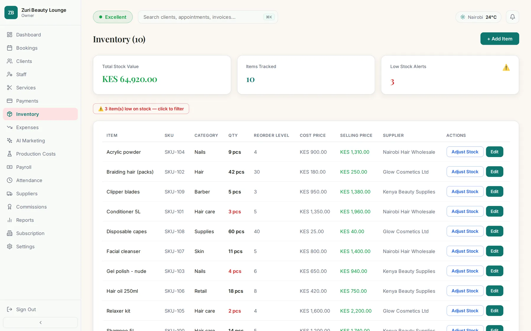 RemboFlow salon inventory page with low-stock alerts
