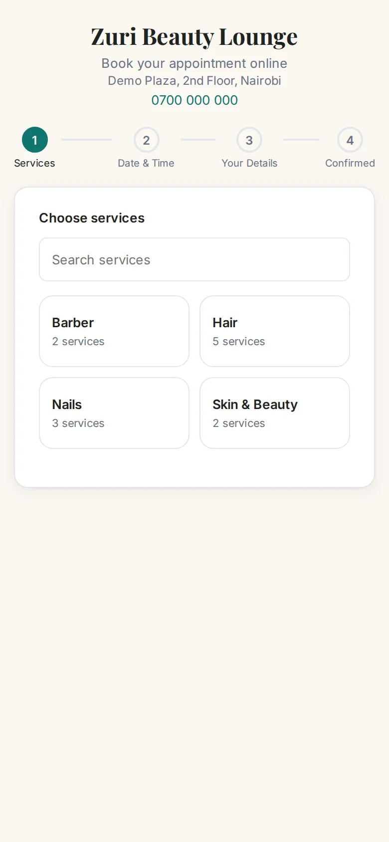 Salon online booking page on a phone: choosing services