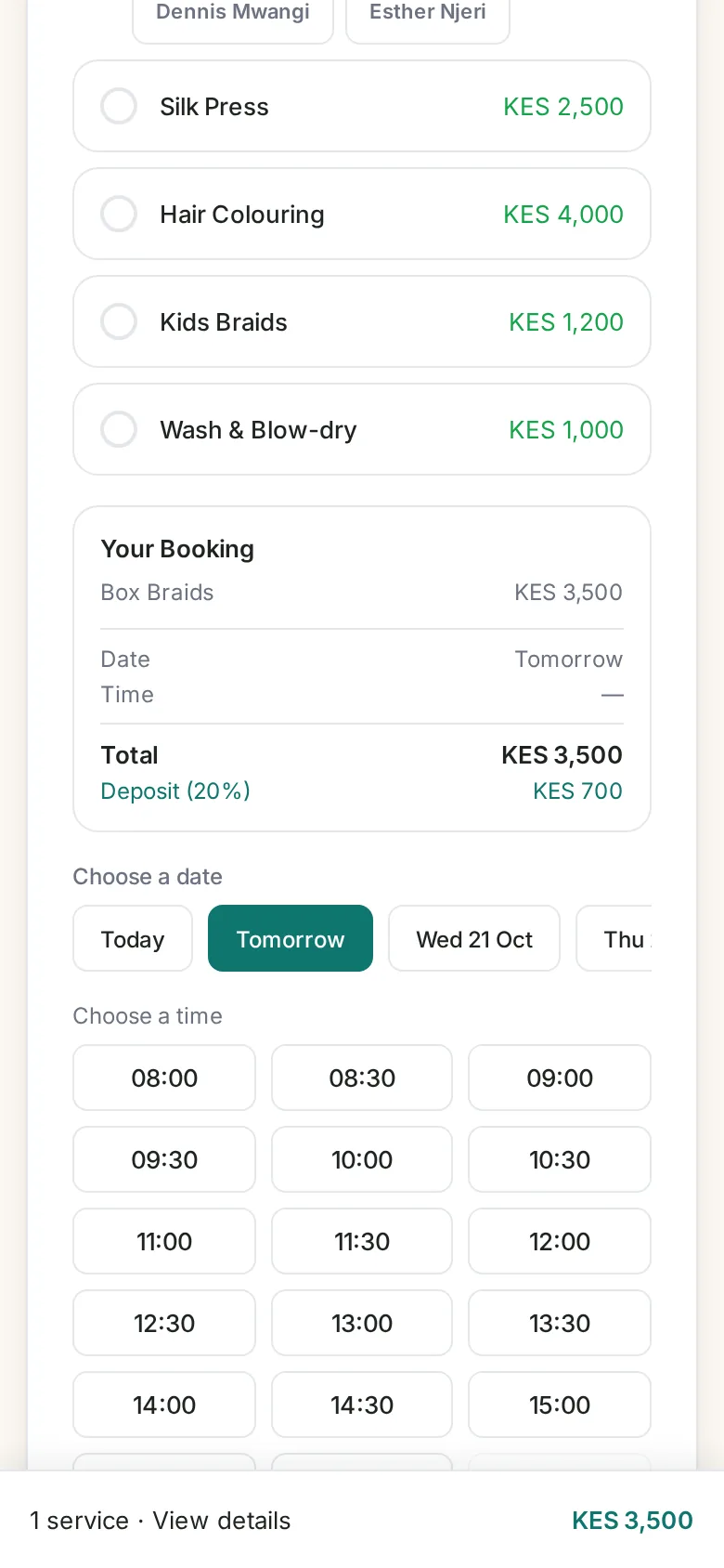 Salon booking page on a phone: choosing staff, date and time