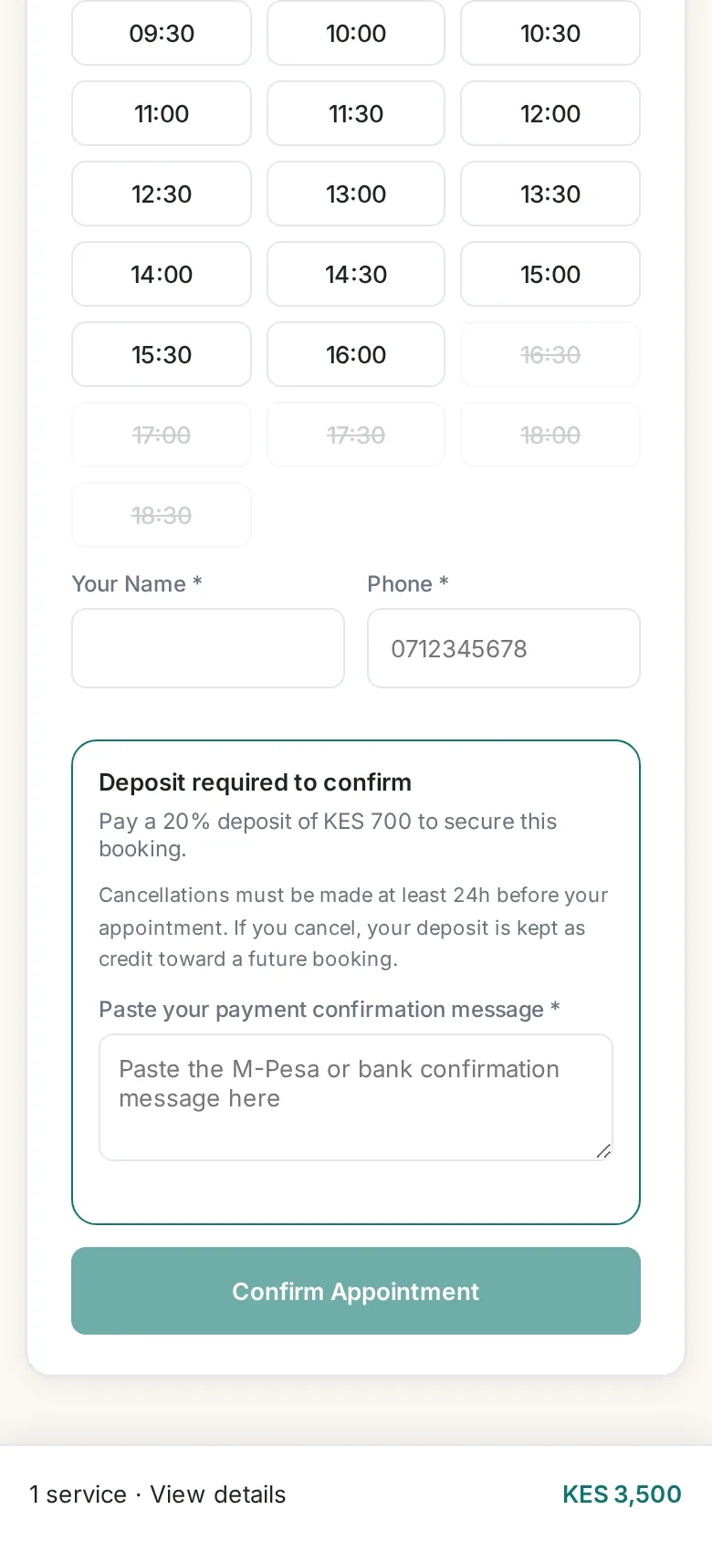 Salon booking page on a phone: confirming the booking